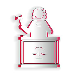 Paper cut Judge with gavel on table icon isolated on white background. Paper art style. Vector.