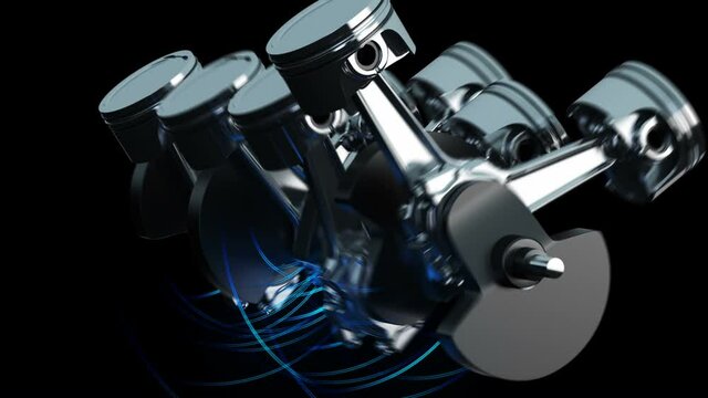 3d footage with automobile motor with working pistons and crankshafts inside camera view and energy lines. Concept of automobile engine
