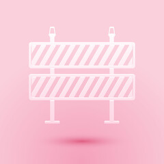Paper cut Road barrier icon isolated on pink background. Restricted area which are in under construction processes. Fence of building or repair works sign. Paper art style. Vector.