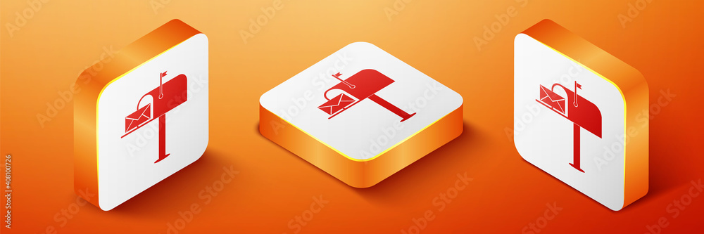 Poster isometric open mail box with an envelope icon isolated on orange background. orange square button. v