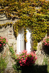 White wooden shutters in a stone house decorated with flowers.