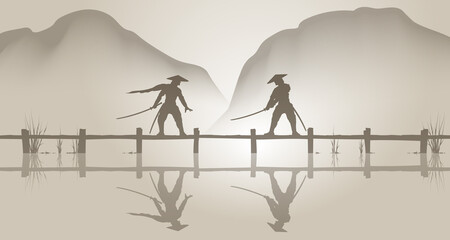 Illustration with swordsmen, oriental style, gradients. Vector graphics.