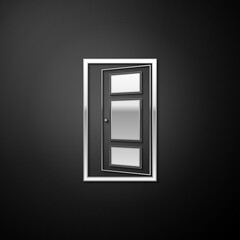 Silver Open door icon isolated on black background. Long shadow style. Vector.