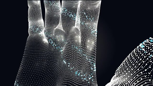 3d palm of small rotating particles. Demonstration of the palm in 3D, to look at a part of the body in 3D. Parts of the body in medicine. Finger transplant