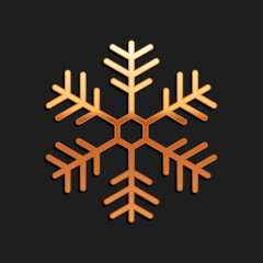 Gold Snowflake icon isolated on black background. Long shadow style. Vector.