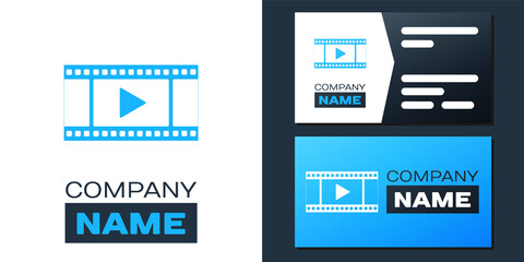 Logotype Play Video icon isolated on white background. Film strip with play sign. Logo design template element. Vector.