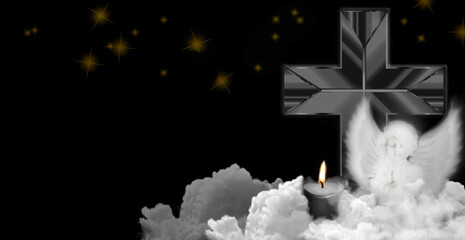 Angel, cross and candle in clouds on black background. Condolence card. Empty place for emotional,...