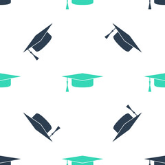 Green Graduation cap icon isolated seamless pattern on white background. Graduation hat with tassel icon. Vector.