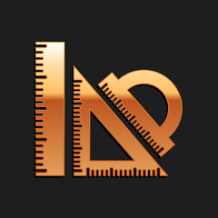 Gold Set ruler, triangular ruler and protractor icon isolated on black background. Straightedge sign. Triangle sign. Geometrical instruments. Long shadow style. Vector.