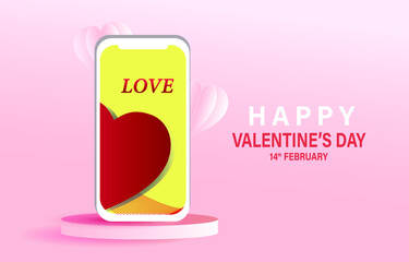 Happy valentine's day. Background vector on mobile phone with podium and minimal design, heart pink and red colors.