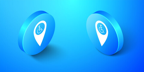 Obraz premium Isometric Disabled Handicap in map pointer icon isolated on blue background. Invalid symbol. Wheelchair handicap sign. Blue circle button. Vector.