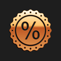 Gold Percent symbol discount icon isolated on black background. Sale percentage - price label, tag. Long shadow style. Vector.