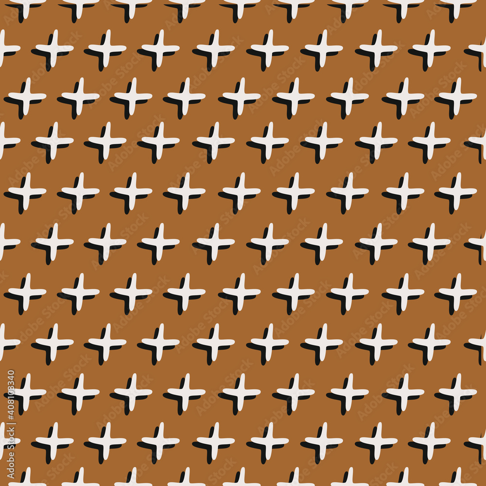 Poster abstract seamless pattern of doodle 3d crosses on mustard background. modern vector design
