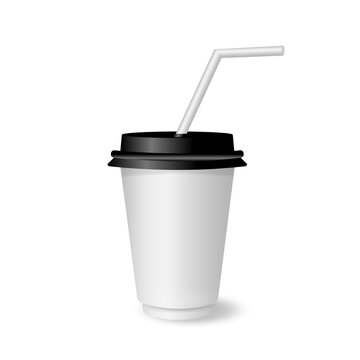 Vector 3d realistic white paper disposable cup with black paint and drink straw isolated on white background. Coffee, Soda, Tea, Cocktail, Milkshake. Packaging design template for mockup. Foreground