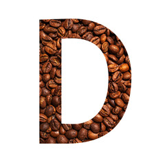 Letter D made from coffee beans isolated on white background.
