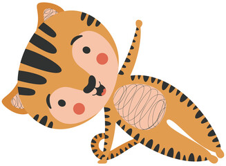 Little cheerful cartoon tiger cub in Vasisthasana asana on a white background. Orange kitty in a yoga pose. For baby design and nursery decor, sticker, badge. Vector.