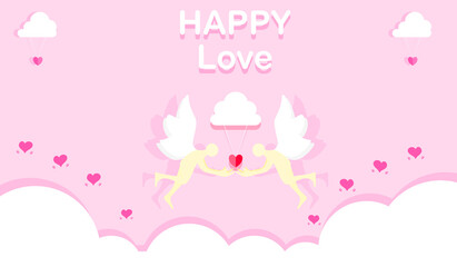 Fototapeta na wymiar Concept happy love. Cupid flying in the air While holding my hand, my heart is with the clouds and the hearts floating around. Banner style vector illustration for content Valentine's day, lovers 