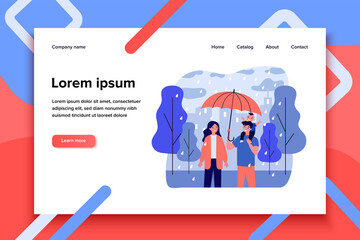 Happy couple with kid walking in rainy day. Rain, umbrella, son flat vector illustration. Weather and family concept for banner, website design or landing web page
