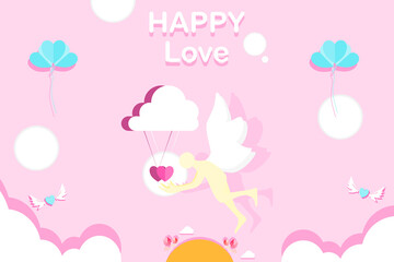Concept happy love. Cupid flying in the air While holding my hand, my heart is with the clouds and the hearts floating around. Banner style vector illustration for content Valentine's day, lovers 