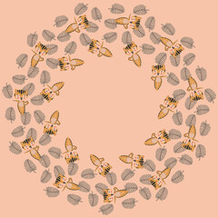 A round frame of little funny cartoon tiger cubs in Vasishthasana asanas and black contour palm leaves on a pinkish beige background. Orange kitties in yoga poses for card, poster, invitation. Vector.