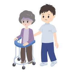 リハビリをする痩せたおばあちゃんのイラスト_歩行器