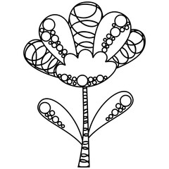 A black and white cute cartoon abstract outline flower with patterned petals, stem, and leaves. Monochrome children's summer illustration in a Scandinavian style for coloring book or page. Vector.