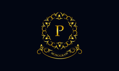 Stylish decorative monogram with a possible inscription and the letter P. Exclusive gold logo on a dark background for a cafe, a symbol of business, restaurant, hotel, invitations, menus, labels, fash