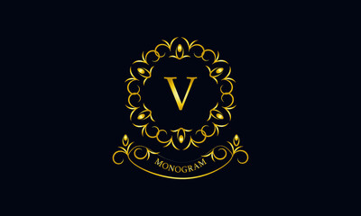 Stylish decorative monogram with a possible inscription and the letter V. Exclusive gold logo on a dark background for a cafe, a symbol of business, restaurant, hotel, invitations, menus, labels, fash