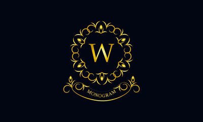 Stylish decorative monogram with a possible inscription and the letter W. Exclusive gold logo on a dark background for a cafe, a symbol of business, restaurant, hotel, invitations, menus, labels, fash