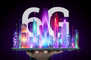 Creative background, male hand holding a phone with a 6G hologram on the background of the city. The concept of 6G network, high-speed mobile Internet, new generation networks. Mixed media.
