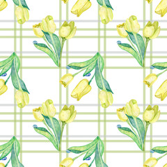 Tartan plaid seamless pattern green white yellow line fabric texture green background ,Scottish cage