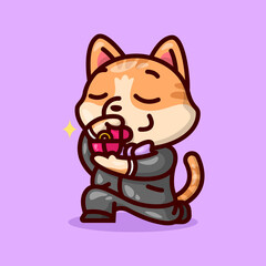 CUTE MALE CAT IN BLACK SUIT PROPOSE HIS GIRLFRIEND WITH A GOLDEN RING. VALENTINE'S DAY ILLUSTRATION.