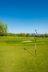 Obraz premium Golf course with flag and fantastic forest view.