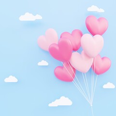 Obraz na płótnie Canvas Valentine's day, love concept background, pink and white 3d heart shaped balloons bouquet floating in the sky with paper cloud
