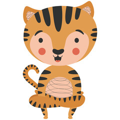 Childish isolated illustration of a cute character tiger cub in yoga asana Kukkutasana rooster pose on a white background. Vector.