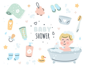 Baby shower elements doodle set. Child is washing in the bathroom.