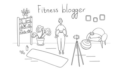 Woman blogger is recording content for her video blog. Young female vlogger doing exercises. Sportswoman streaming for her followers with camera on tripod. Fitness and healthy lifestyle concept