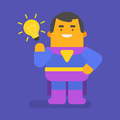 Superhero came up with an idea and smiles. Vector character