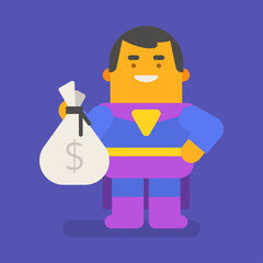 Superhero holding bag of money and smiling. Vector character