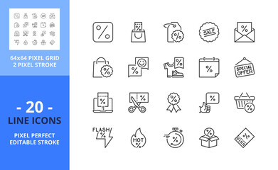 Line icons about discounts and offers. Shopping concept. Pixel perfect 64x64 and editable stroke