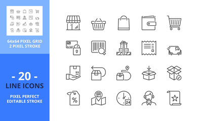 Line icons about shopping. Pixel perfect 64x64 and editable stroke