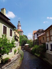Česky Krumlov, Czech Republic, view of the old part of town with river and church