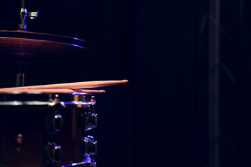 Snare drum and drumsticks close up copy space.