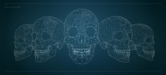 Set of sculls. Low poly vector illustration of a mesh . Illustration consists of lines, dots and shapes. Wireframe connection structure.