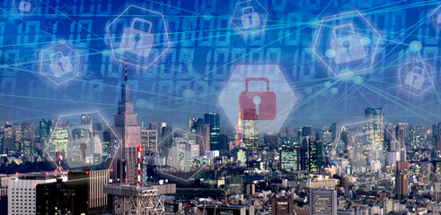 インターネットセキュリティとデータ保護、個人情報　サイバーセキュリティ　DX デジタルトランスフォーメーション　都市景観　東京