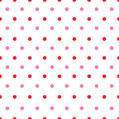 Red and pink color circles. Polka dot seamless pattern. Vector drawing background.	