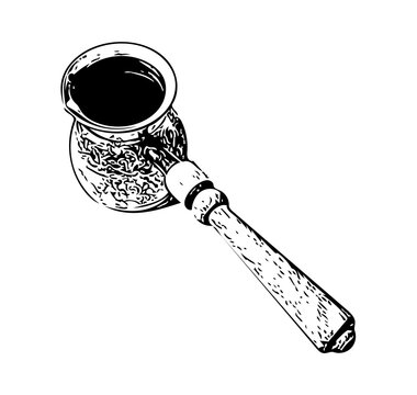 recommend clip art: Coffee turk, cezve sketch in engrave style. Turkish coffee pot for making coffee