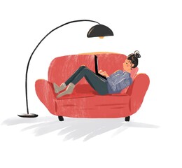 Home office illustration. Girl working from couch. Girl and laptop - 408109100