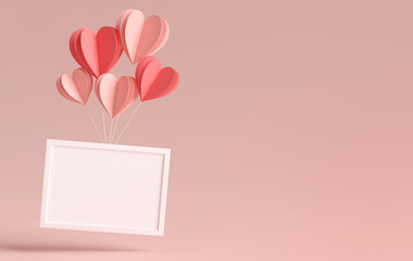 Horizontal white photo frame mockup floating with paper hearts and copyspace for Valentines day in 3D rendering. Elegant illustration wedding image template