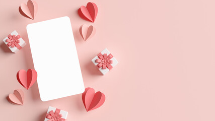 Valentines day vertical greeting card mockup surrounded by paper hearts and gifts in 3D rendering. Pink flat lay illustration anniversary wedding invitation concept